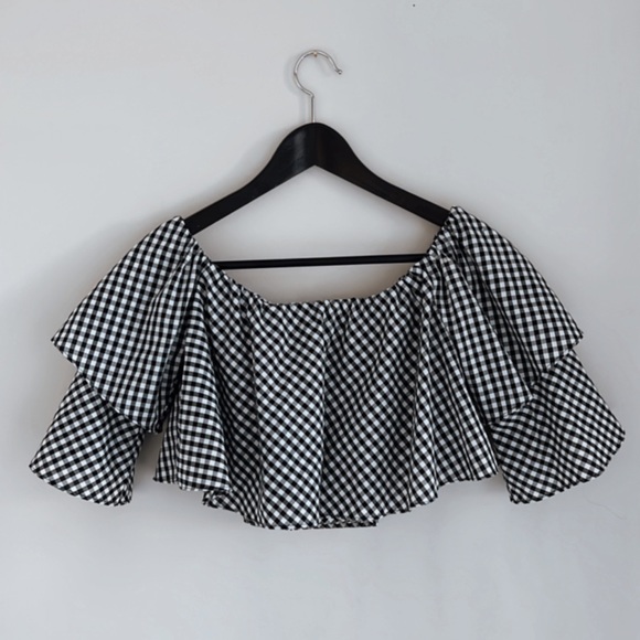 Tops - Gingham Ruffle Crop Top ( Can be worn off the shoulder)